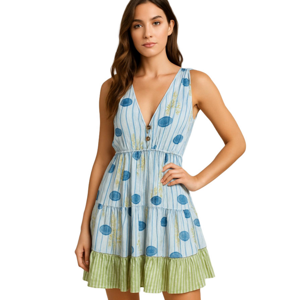 Bindu Women’s Allegra Floral Tiered Mini Dress – Blue Marigold – Size S